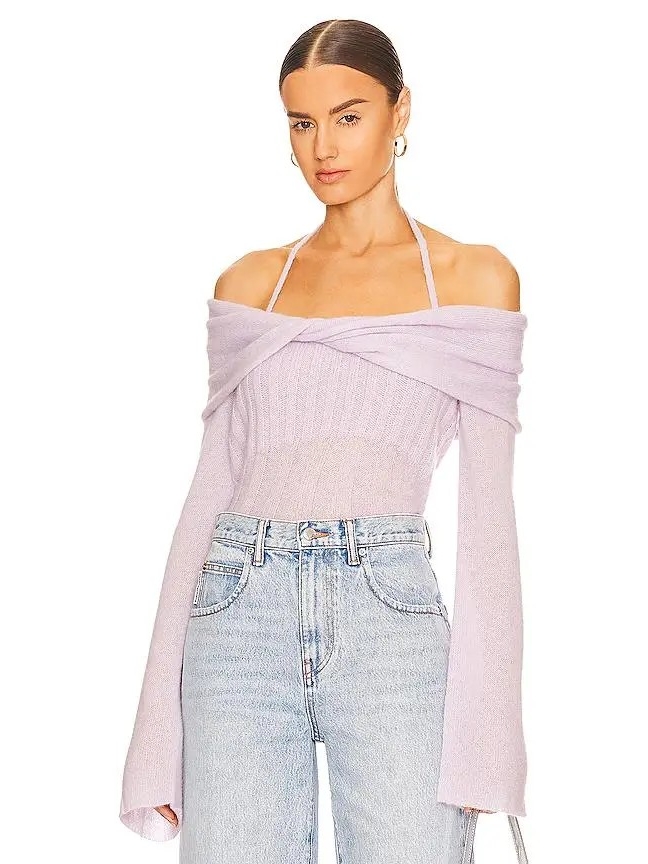 Jonathan Simkhai Alpaca Off-Shoulder Lilac Halter Tie Sweater, Small